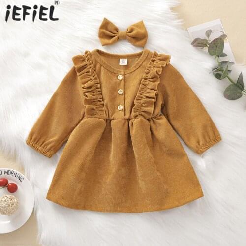 Spring Autumn Infant Baby Girl Dress Toddler Kids Dresses Long Sleeve Corduroy Dress Bow Ruffles Princess Cute Girl Clothes 0-5T