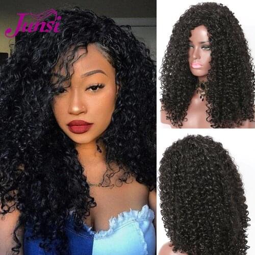 JUNSI Long Afro Curly Wigs Black Heat Resistant Synthetic Hair Wigs with Women