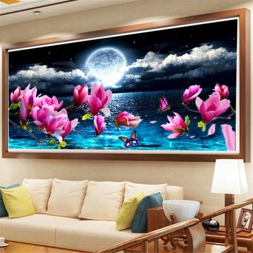 HUACAN 5D DIY Diamond Painting Moon Landscape Full Drill Square Round Diamond Embroidery Orchid Mosaic Waterfall Home Decor