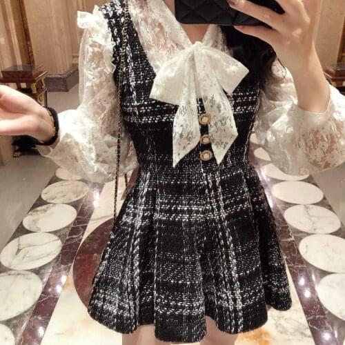 Two Piece Set Tweed Plaid Short Romper Autumn Winter Women Bow Collar Lace Shirt Top Sets Tank Pearl Button Mini Jumpsuit