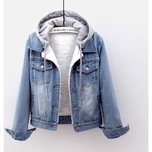 New Plus size 5XL Women Coat Short Denim Jacket Autumn Fashion Hooded Bomber Jacket Causal Detachable Hat Female Denim Coat P120