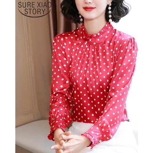 Casual Stand Collar Women Tops 2021 Spring Fashion Women Chiffon Shirts Long Sleeve Polka Dot Women Blouses Blusas 9068 50