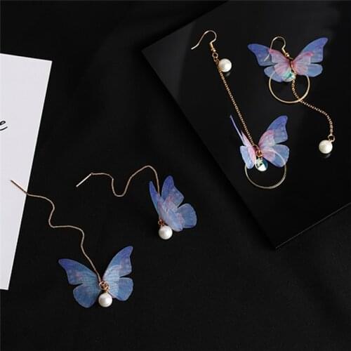 Trendy Temperament Yarn Butterfly Dangle Earrings Long Ear Line Simulated Pearl Rhinestone Pendientes Fashion Earrings