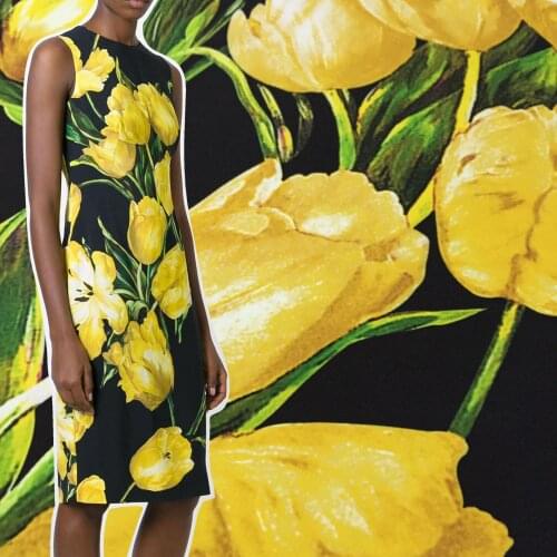 Yellow Tulip Printed Fabric Hand-painted Cloth Fabrics by the Meter for Dresses Shirts Sewing Material Cloth Alibaba com