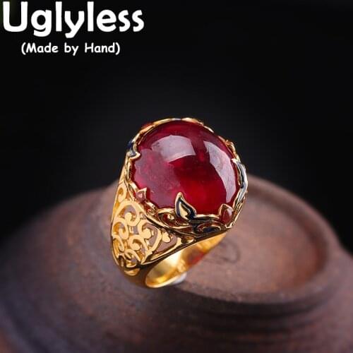 Uglyless Big Size Luxury Natural Ruby Gemstones Rings for Women Hollow Vines 925 Silver Rings Vintage Ethnic Ruby Jewelry Gold