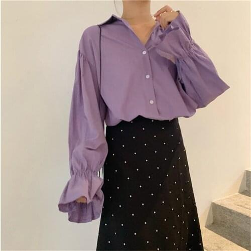 Korean Solid Women Shirt Long Sleeve Turn-down Collar Female Loose Shirts Spring Ruffles Single-breasted Ladies Fashion Shirts