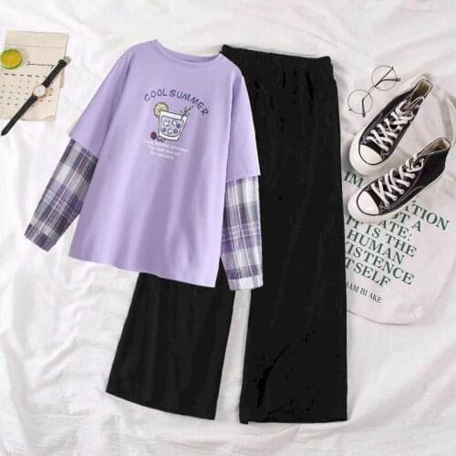 Women 2 Piece Set Clothes Sets Autumn 2021 Long-sleeved T-shirt Student Korean Fake Two-piece Loose Stitching Wide-leg Pants