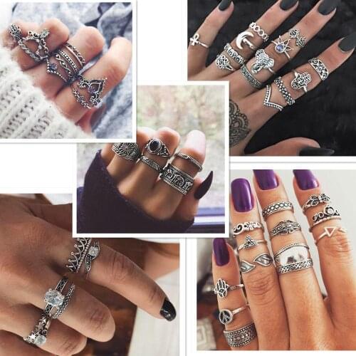 Fashion new Boho Vintage Jewelry For Women Crystal flowers Star Crescent Geometric Female Finger Rings Set Jewelry