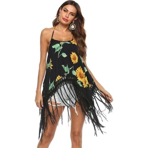 Womens Sunflower Flower Print Irregular Fringe Stitching Camisole Loose Top Black One Size