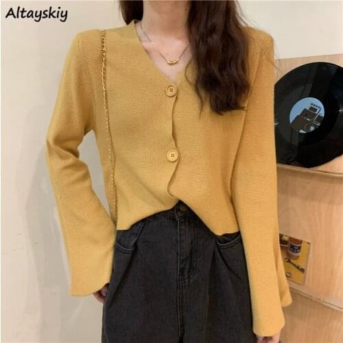 Flare Sleeve Cardigans Women Sweaters Single Breasted Elegant Lazy Slender Knitted Clothing Female Chic Streetwear V-neck Jumper