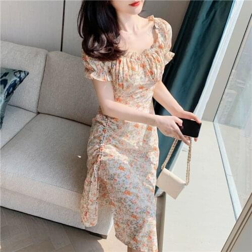 Hebe&Eos Womens Summer Dress With Floral Pattern Short Puff Sleeve Elegant Long Chiffon Dresses High Waist Midi Dress Vestidos