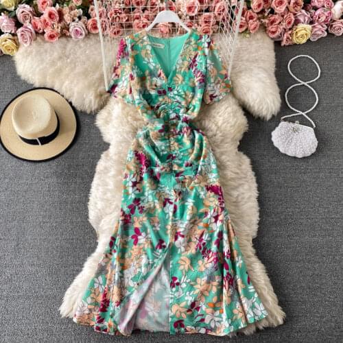 2021 Summer New Korean High Waist Temperament V-neck Split Floral Printted Green Dress Short Sleeve Fashion Women Clothing