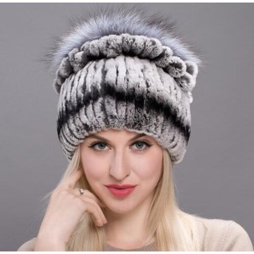 Winter Authentic Rabbit Fur Hat Ladies Fox Fur Pom Poms Top Knitted Hat Fur Hat New High Quality Hat TXJ17-20A