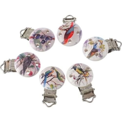 5PCS Baby Wooden Dummy Clips Round Infant Pacifier Holder Soother Chain Clips with Metal Holders Kids Feeding 4.4cm x 2.9cm