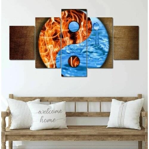 Ice and Fire Yin Yang Abstract 5 Panel Canvas Picture Print Wall Art Canvas Painting Wall Decor for Living Room Poster No Framed