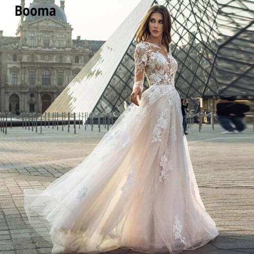 Booma Light Pink Beach Boho Wedding Dresses with Long Sleeve Lace Appliques Bridal Gown Vintage illusion Floor Length Party Gown