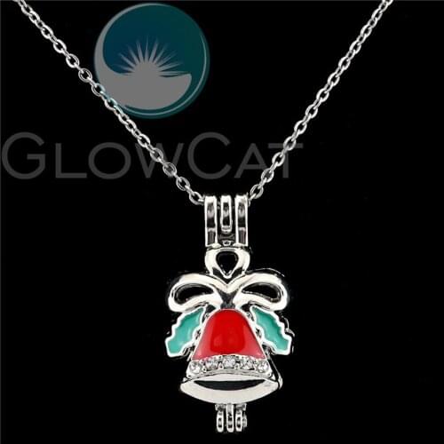 Colors Enamel Christmas Bell Bowknot Beads Pearl Cage Perfume Diffuser Pendants Locket Necklace K1080