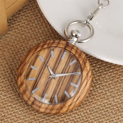 Classic Retro Zebrawood Pocket Watch Quartz Minimalist Round Dial Wooden Pendant Timepiece Silver Fob Wood Pocket Clock