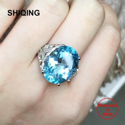 SHIQING Nature blue topaz 925 sterling silver big 12*16mm gemstone vintage rings for women