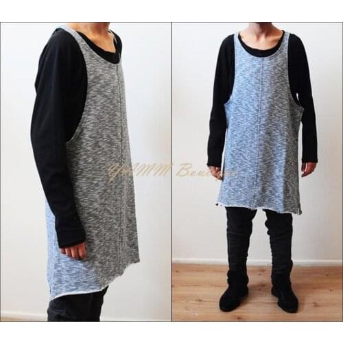 Mens Terry Sleeveless Wide Neck Raw Edges Lengthen Extended Oval Tank Top