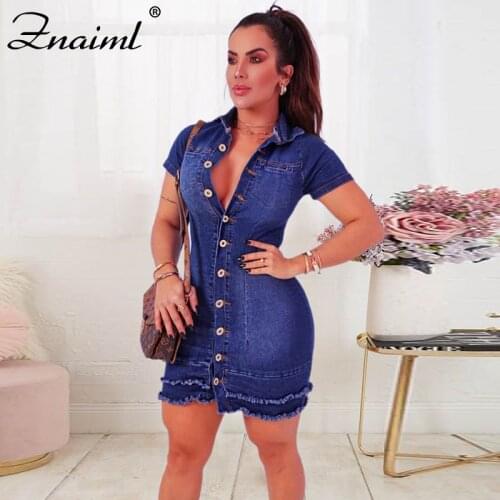 Znaiml Sexy Turndown Collar Cotton Bodycon Jeans Dress Buttons Summer Plus Size Party Club Denim Dress Women Short Mini Dress