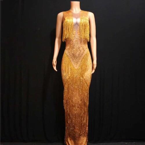Dress Fashions Gold Fringes Women Tassel Sleeveless Long Dresses Nightclub Party Stage Wear Woman Singer Dancer Costumes DT530