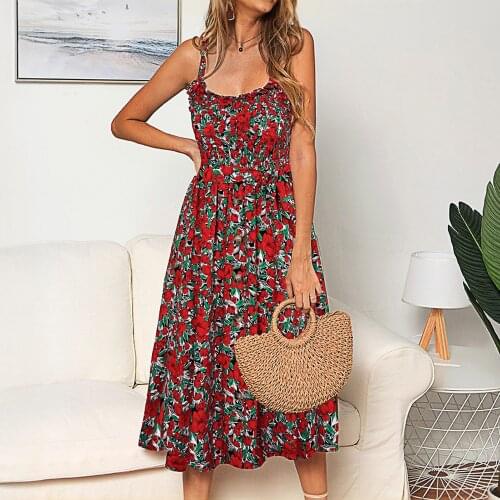 Women Dress Summer Casual Sleeveless Women Floral printed Beach Long Dress Female U Neck Sling Button Fashion Beach Clothes2021