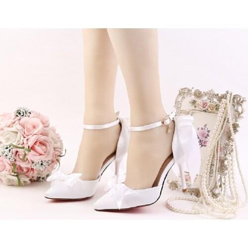 2021 summer new white sweet pointed bow sandals, word wristband adult ceremony banquet dress stiletto wedding shoes women
