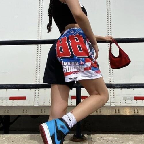 Car Printing Chic Splicing Loose Black High Waisted Shorts Women Biker Shorts Men 2021 Summer Shorts Sports Casual Beach Style