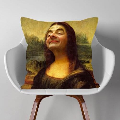 Modern Art Funny Humourous Mr Bean World Cushion Covers Oil Painting Mona Lisa Special Decorative Cushion Cover Pillow Case