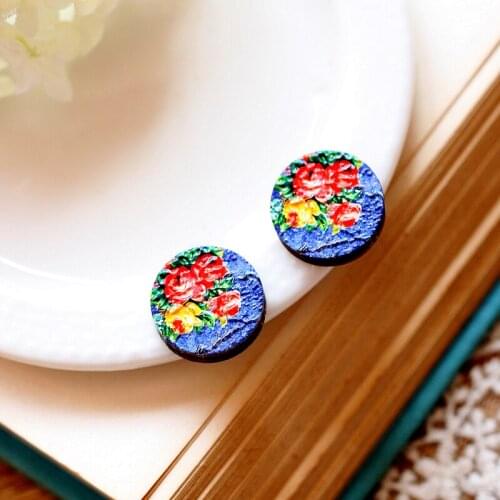 Unique 3D Flower Embossed 16mm Round Coloured Drawing pattern Laser Cut wood Cabochon DIY for Rings, Earring,Brooch,Necklace-321