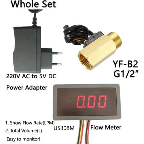 US208MA + YF-B2 1-25L/min G1/2" Brass flow sensor Flow Meter and Alarmer Flow Rate Display Water Break Alarmer iSentrol