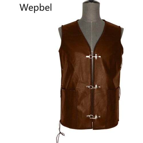 Wepbel Locomotive Leather Vest Viking Pirate Cos Bandage Vest Medieval Jackets Carnival Party Mens Halloween Outfit PU Vest