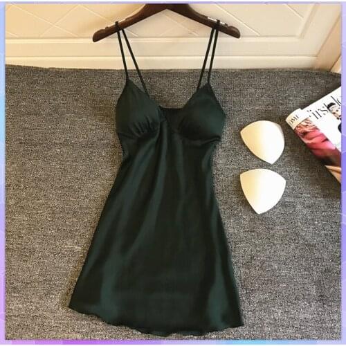 Women Ice Silk Satin Night Dress Nighties V-Neck Nightgown Summer Thin Sexy Sleepwear Nightgown Nightwear Chest Pad Sleepshirts