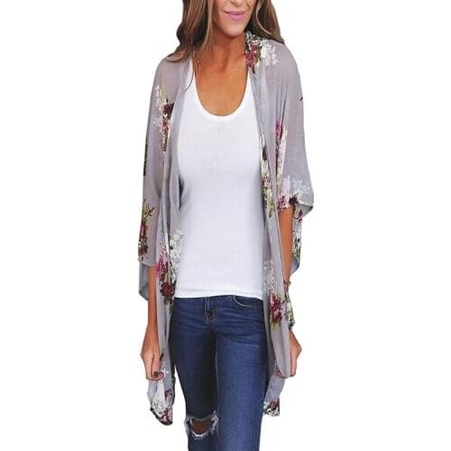 Women Chiffon Loose Shawl Print Kimono Cardigan Top Cover Up Blouse Beachwear