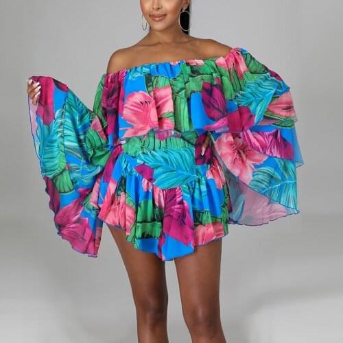 Women Playsuits for Womens Floral Print Loose Off the Shoulder Flare Sleeve Fashion Elegant Evening Night Club Rompers Jumpsuits