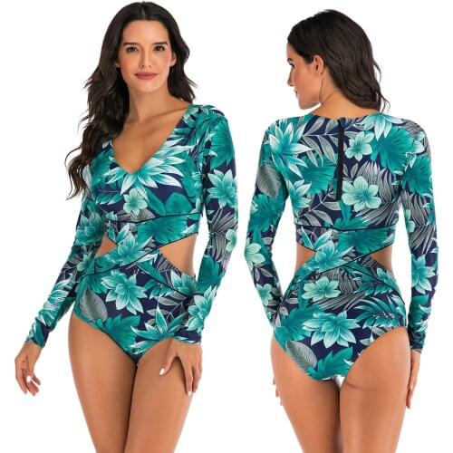 Womens Beach One Piece Monokini Push Up Swimsuit Long sleeve surf suit Bathing Suit Swimwear Leaf Print Swimwear