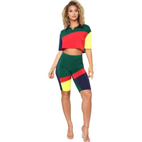 Womens Short Sleeve Front Zip Tracksuit Contrasting Color Stitching Shorts Two-Piece Set