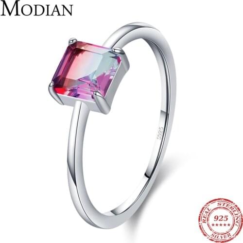 Modian 100% 925 Sterling Silver Emerald Cut Romantic Square Rainbow Color Tourmaline Finger Ring For Women Statement Jewelry