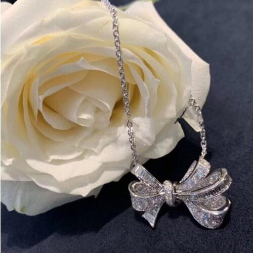 Womens fashion full zircon bow pendant necklace S925 sterling silver original luxury brand high quality jewelry logo gift
