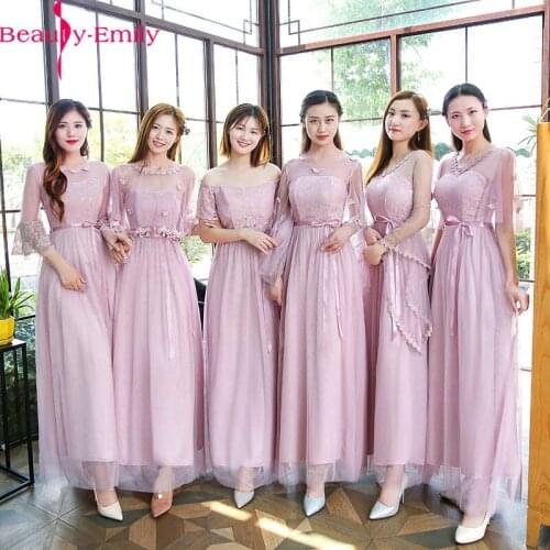 Beauty Emily Long Dust Pink Cheap Bridesmaid Dress 2019 Elegant Boat Neck Off Shoulder Wedding Guest Dress Many Styles Available