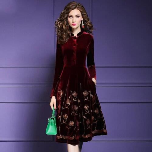 Fall Spring Vintage Womens Stand Collar Embroidery Wine Red Navy Velour Dress , Slim High Waisted Velvet Dresses for Woman