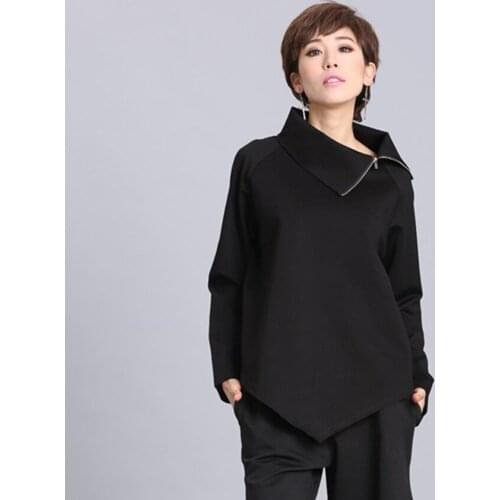 2021Casual Women T-Shirt Black Cotton Long Sleeved Spring Autumn Tees Tops Loose High Neck zipper Irregular Blouse