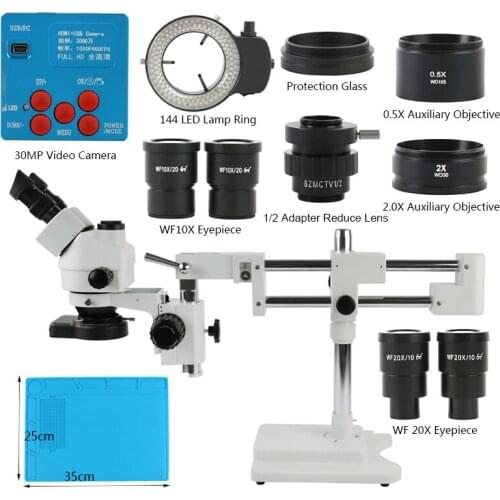 2K 30MP HDMI Industrial Camera Simul-focal 3.5-90X Trinocular Stereo Zoom Microscope Double Boom Stand 144pcs LED Illumination