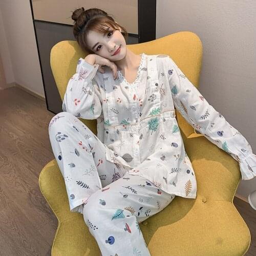 696# Maternity Clothes Spring Autumn Cotton Floral Maternity Pajamas Sleepwear Clothes for Pregnant Women Home Wear Set
