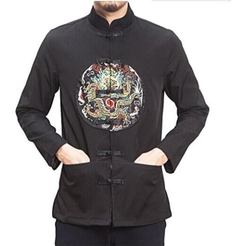 Asia suits Chinese clothing - Chinese style dragon embroidery robe coat retro button Tang suit collar coat mens youth