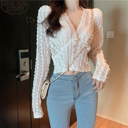 White Black Lace Shirt Women Long Sleeve Tops Autumn V-neck Korean Sweet Women Casual Vintage Elegant Blouse Blusas Mujer 11841