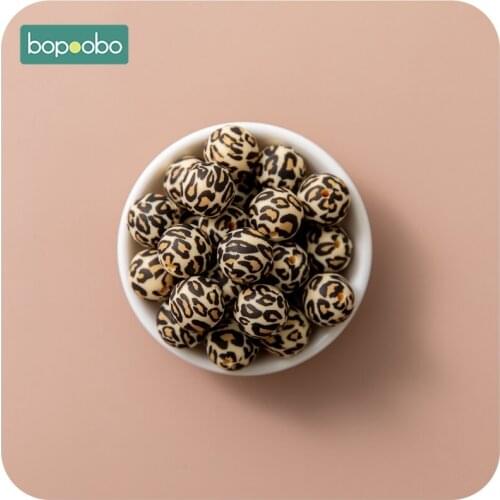 Bopoobo 12/15mm 50PC Silicone Leopard Print Bead Round Printing DIY Crafts Food Grade Teether Baby Teether Safe Rattle Beads