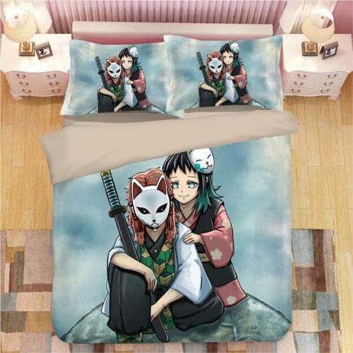 Demon Slayer Kimetsu No Yaiba Sticker Bed Linen Cartoon Anime Duvet Covers Pillowcases Kids Anime Comforter Bedding Sets 01