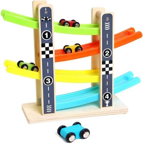 Children Wooden Track Glider Inertia Game Toys Kids Four-Layer Track Pulley Slide Car Building Kits Baby Funny Toy C44